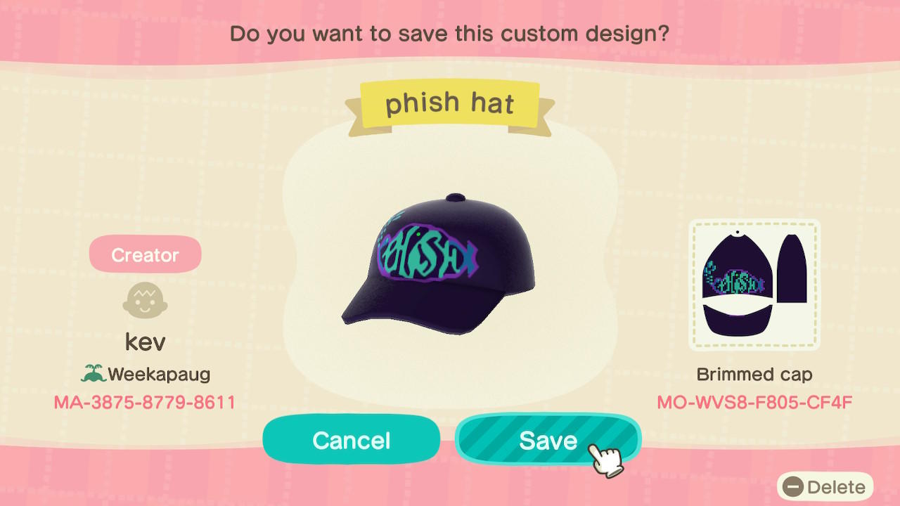 Animal Crossing Design Code: MO-WVS8-F805-CF4F Phish Hat