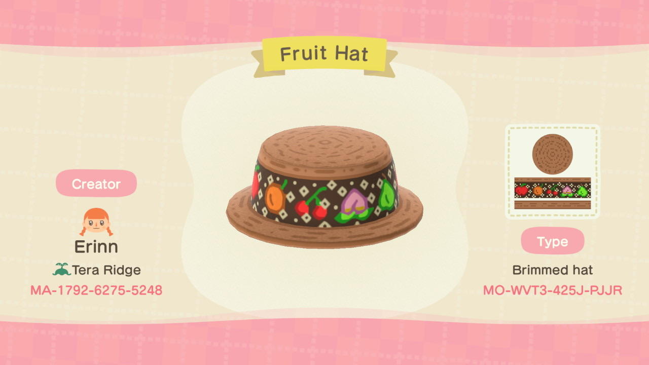Animal Crossing Design Code: MO-WVT3-425J-PJJR Fruit Hat
