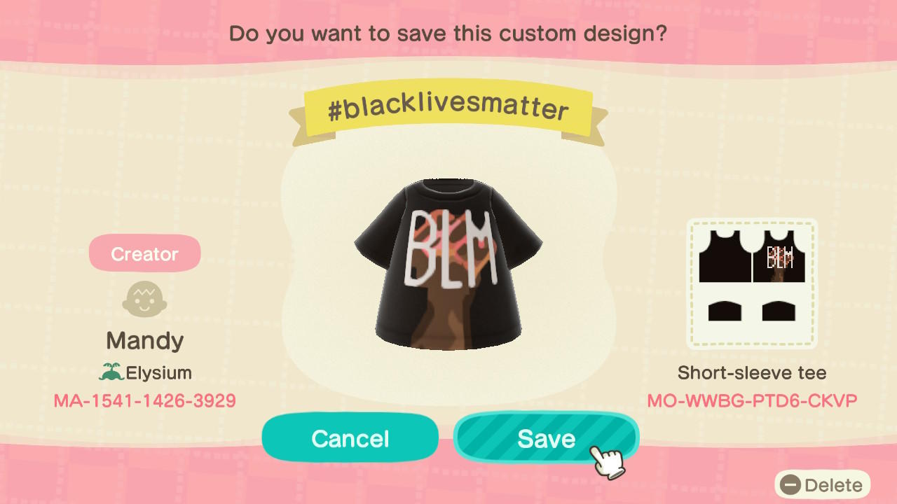 Animal Crossing Design Code: MO-WWBG-PTD6-CKVP #blacklivesmatter