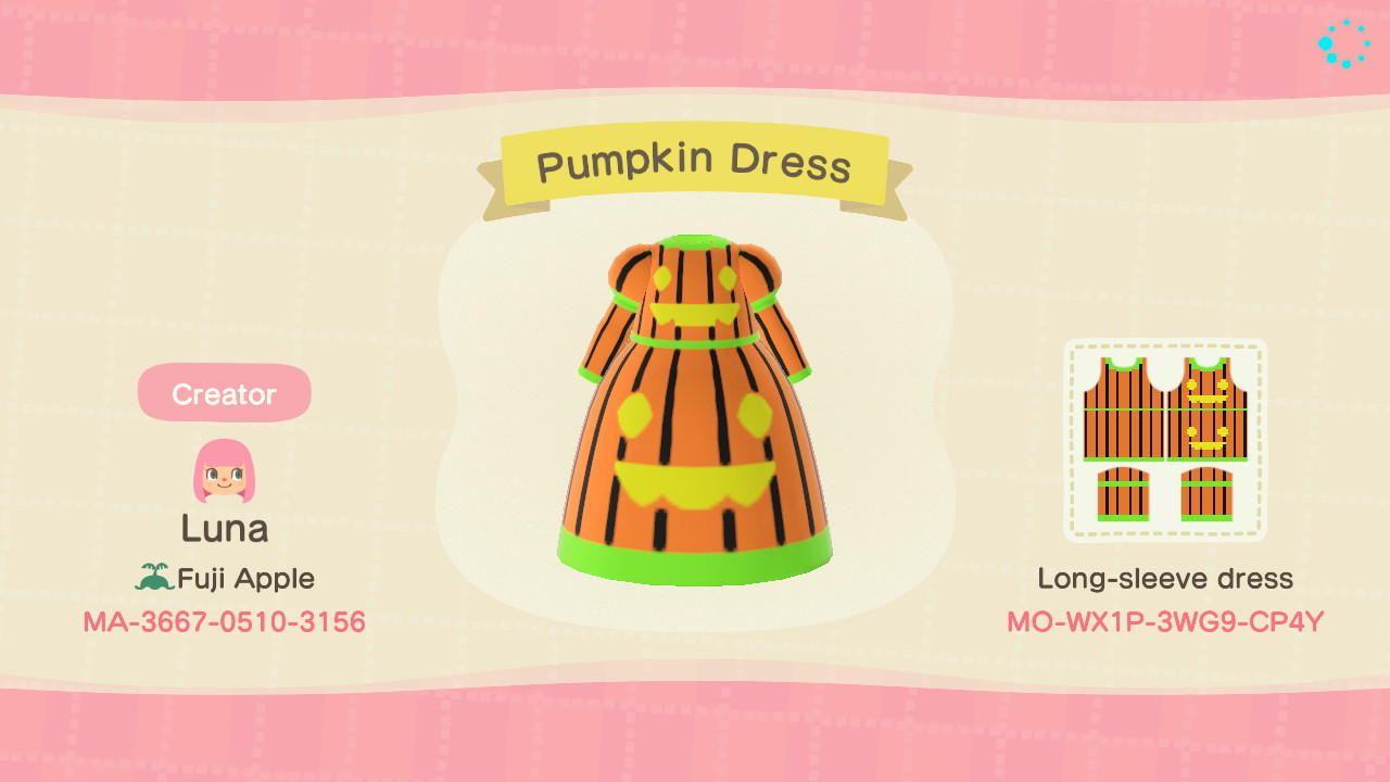 Animal Crossing Design Code: MO-WX1P-3WG9-CP4Y Pumpkin Dress