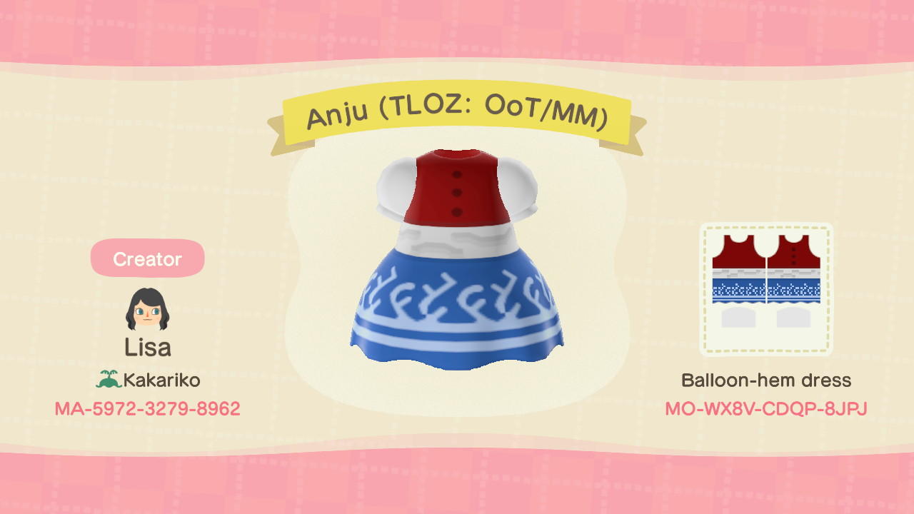 Animal Crossing Design Code: MO-WX8V-CDQP-BJPJ Anju (TLOZ: OoT/MM)