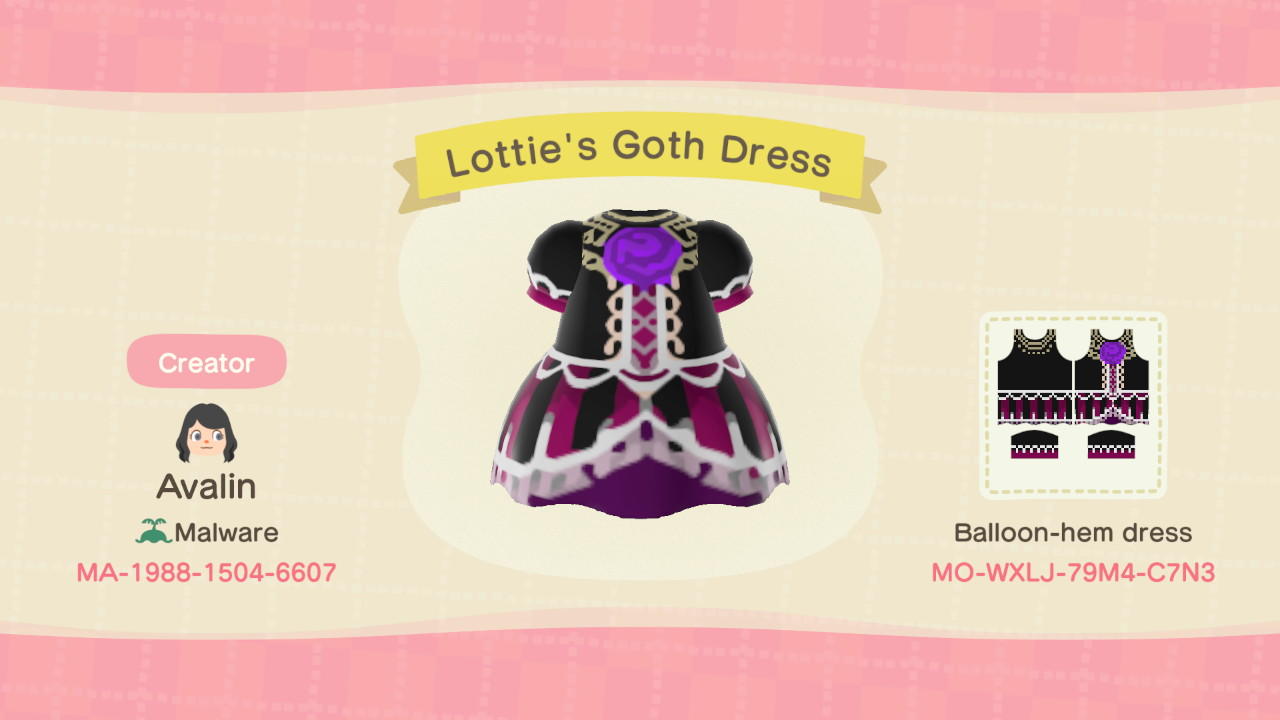 Animal Crossing Design Code: MO-WXLJ-79M4-C7N3 Lotties Goth Dress