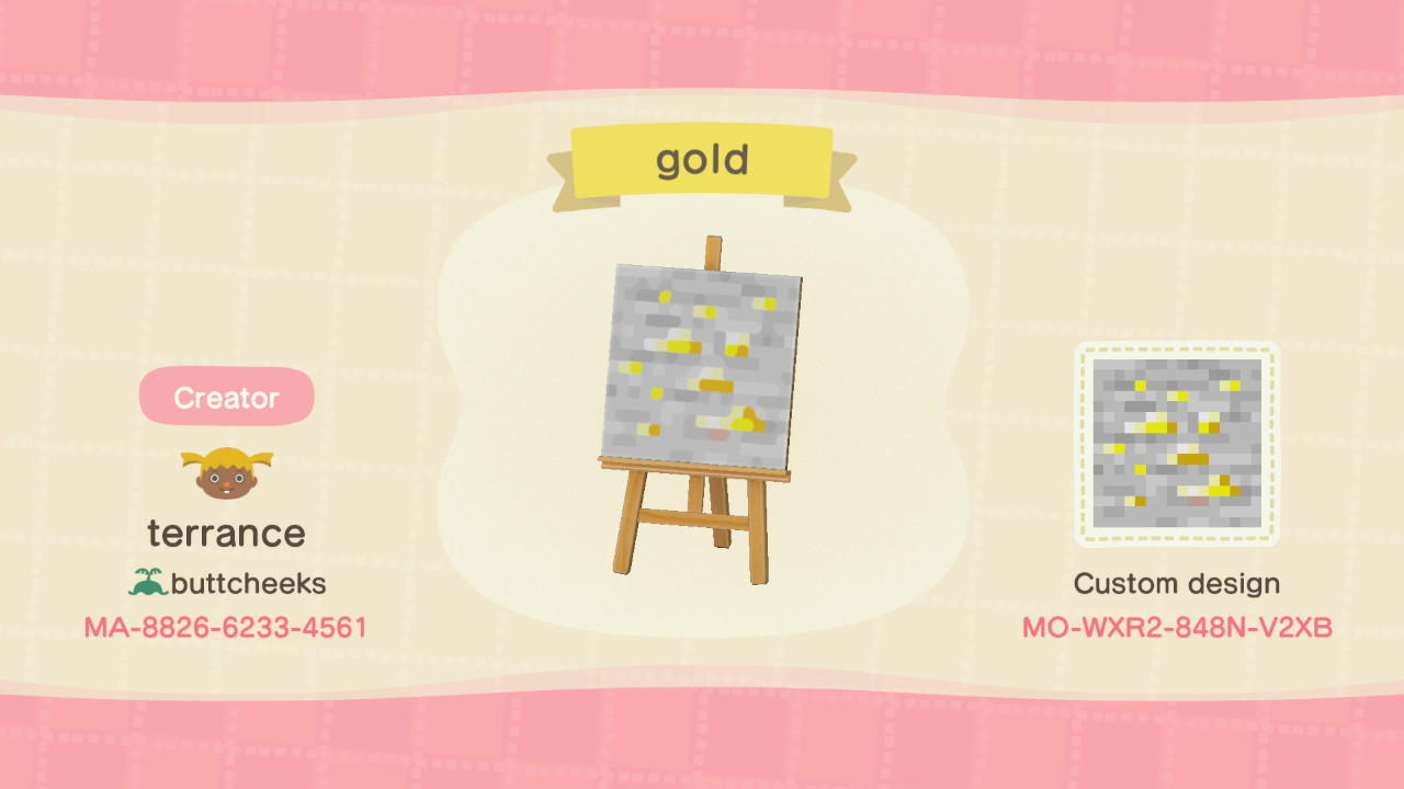 Animal Crossing Design Code: MO-WXR2-848N-V2XB Minecraft gold