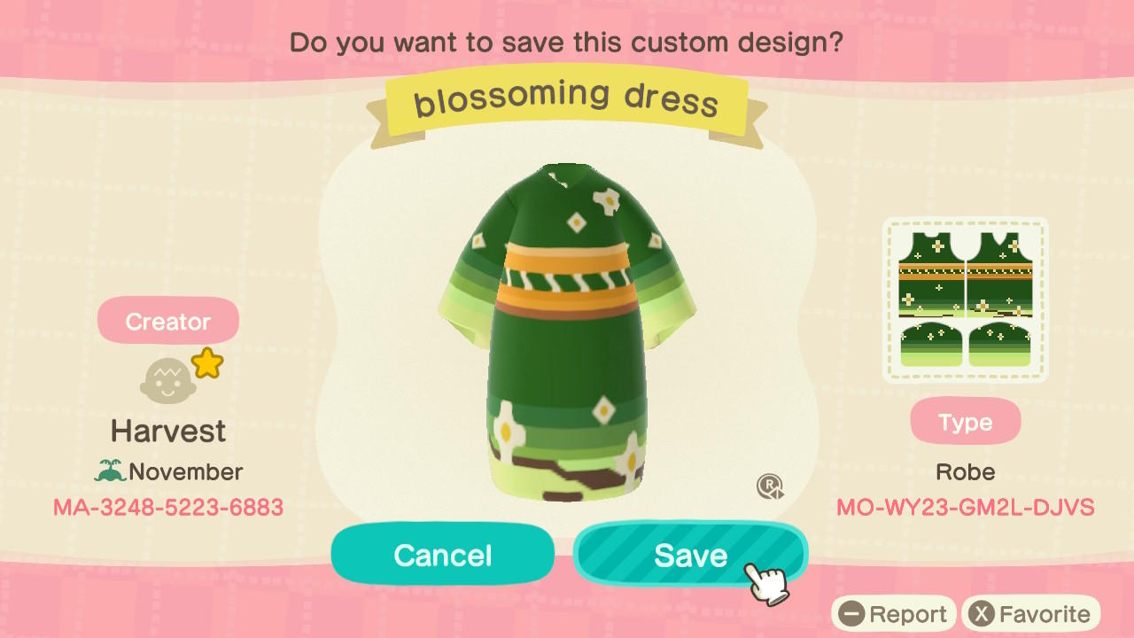Animal Crossing Design Code: MO-WY23-GM2L-DJVS blossoming dress