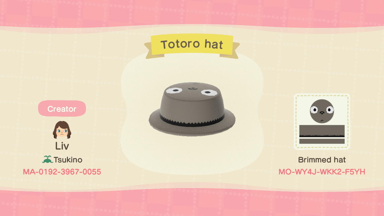 Animal Crossing Design Code: MO-WY4J-WKK2-F5YH Totoro Hat