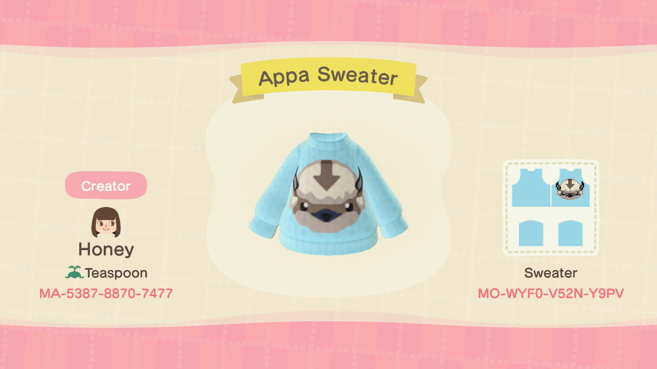 Animal Crossing Design Code: MO-WYF0-V52N-Y9PV Appa Sweater