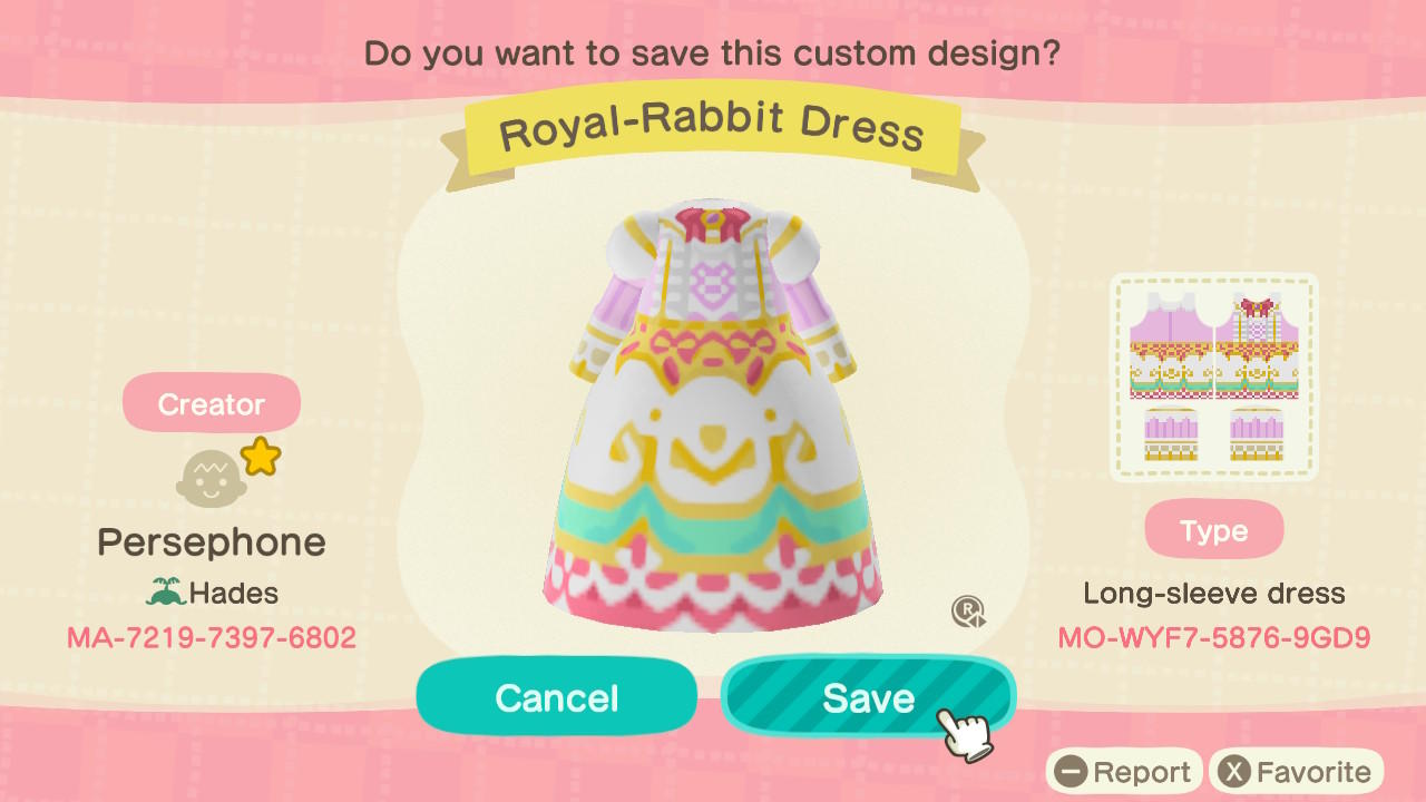 Animal Crossing Design Code: MO-WYF7-5876-9GD9 Royal-Rabbit Dress