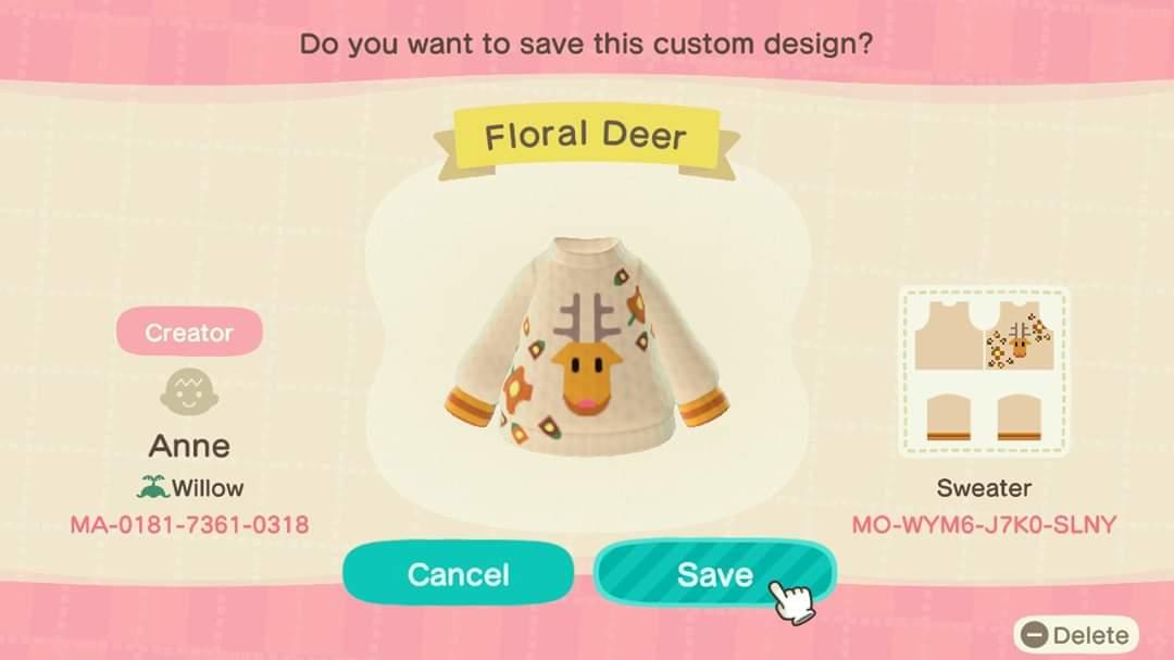 Animal Crossing Design Code: MO-WYM6-J7K0-SLNY Floral Deer
