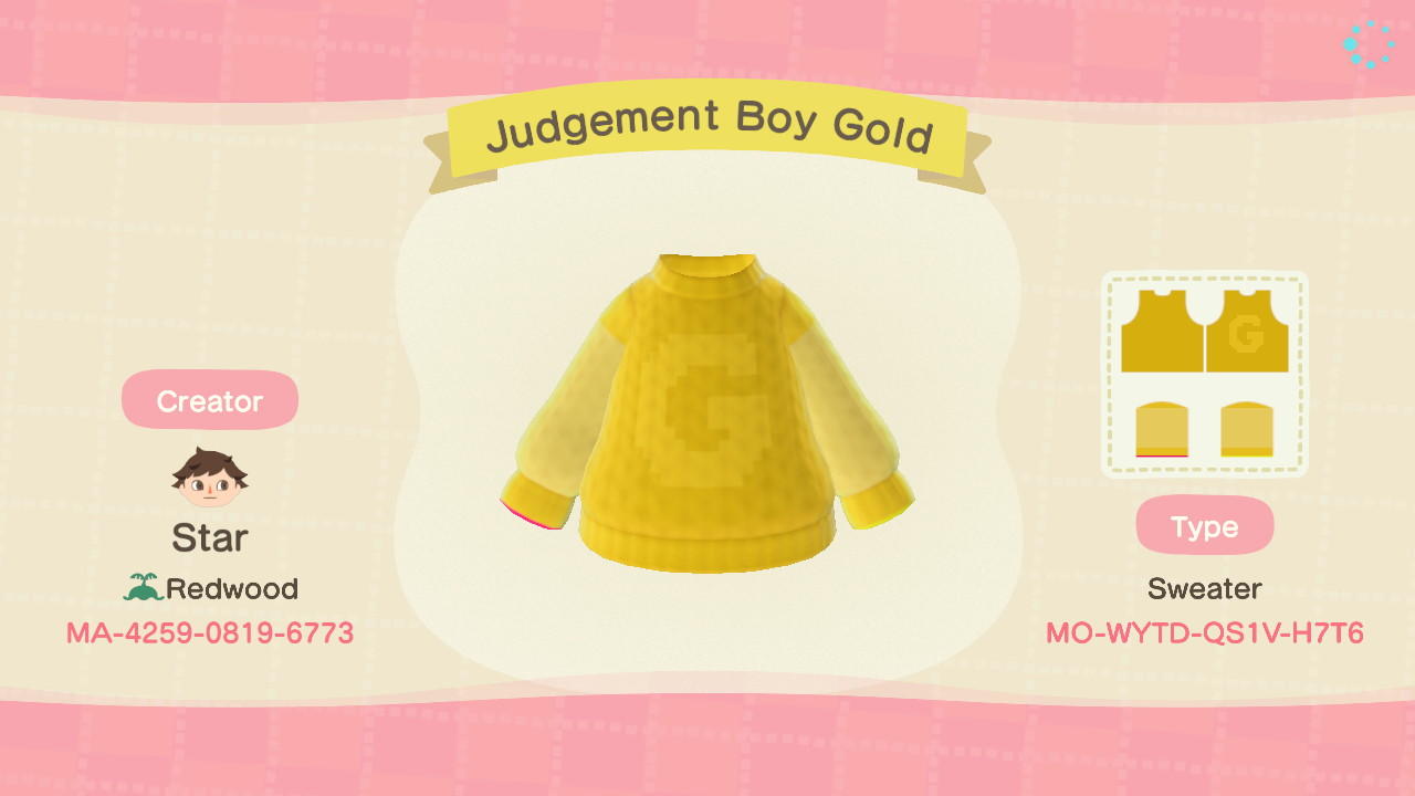 Animal Crossing Design Code: MO-WYTD-QS1V-H7T6 Judgement Boy Gold