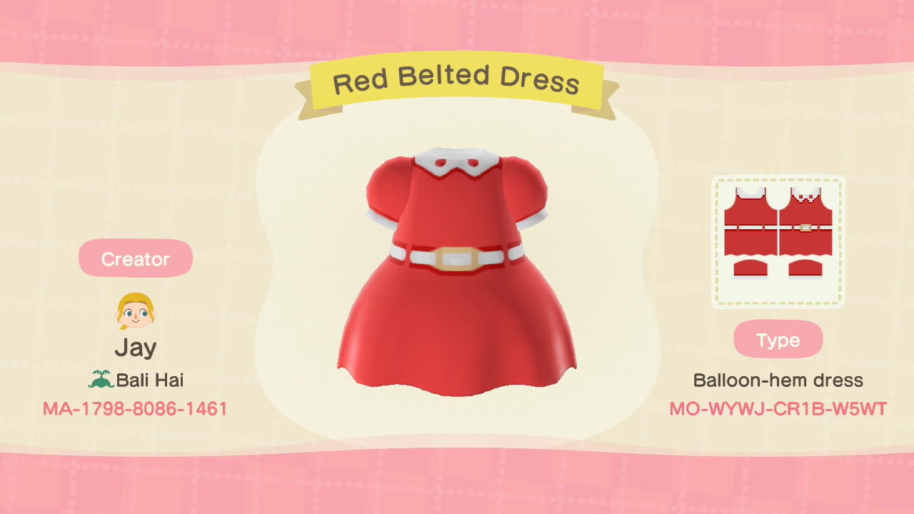 Animal Crossing Design Code: MO-WYWJ-CR1B-W5WT Red Belted Dress