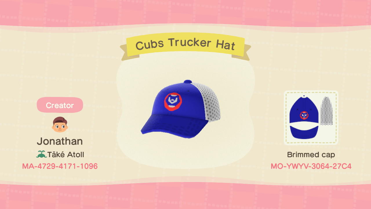 Animal Crossing Design Code: MO-WYWV-3064-27C4 Cubs Trucker Hat