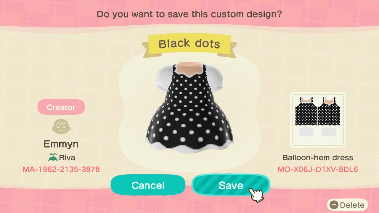 Animal Crossing Design Code: MO-X06J-D1XV-8DLY Black dots