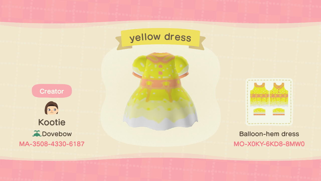 Animal Crossing Design Code: MO-X0KY-6KD8-8MW0 Yellow Dress