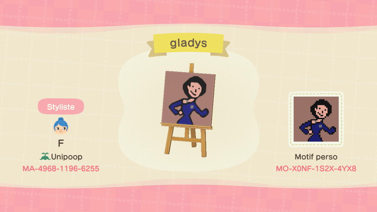 Animal Crossing Design Code: MO-X0NF-1S2X-4YX8 friends gladys