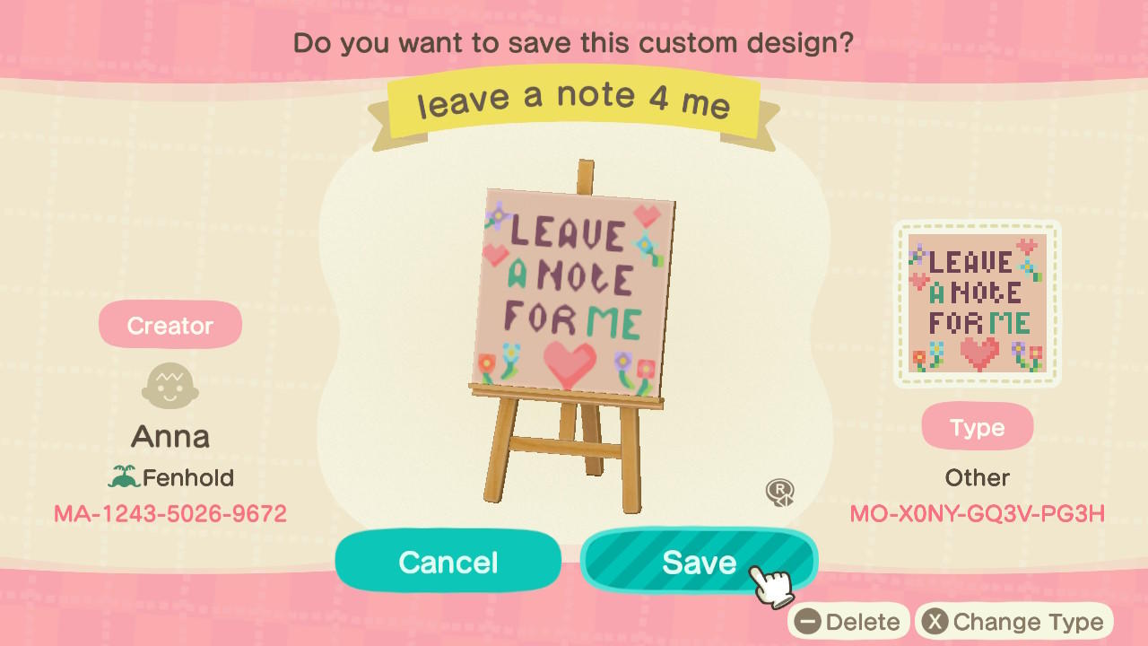 Animal Crossing Design Code: MO-X0NY-GQ3V-PG3H Leave a note 4 me
