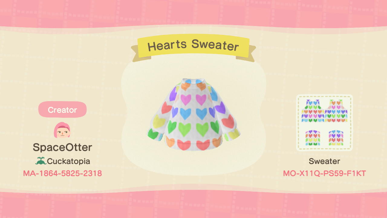 Animal Crossing Design Code: MO-X11Q-PS59-F1KT Hearts Sweater