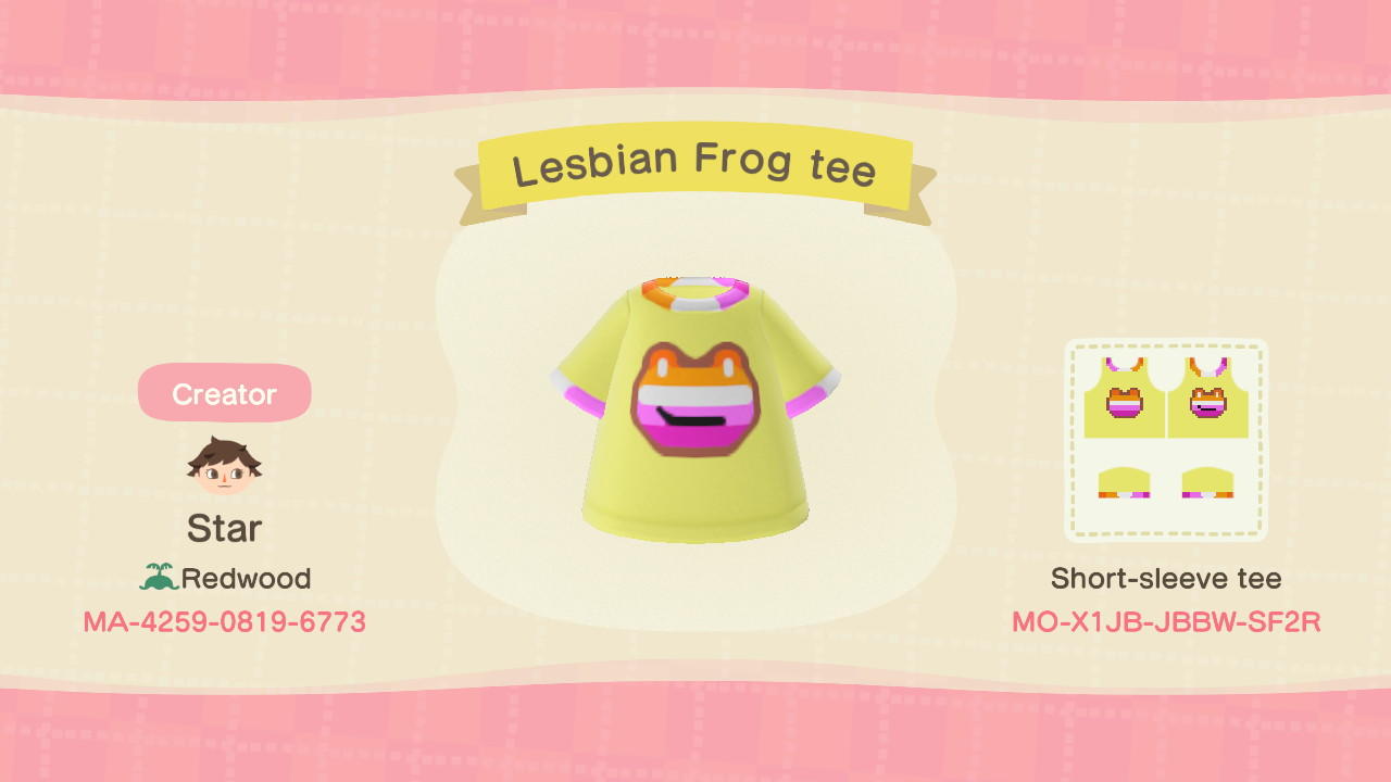 Animal Crossing Design Code: MO-X1JB-JBBW-SF2R Lesbian frog tee