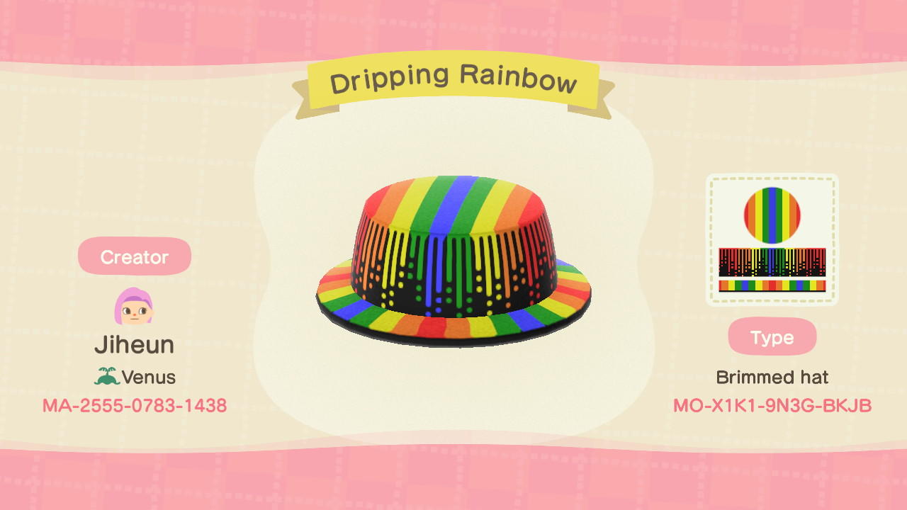 Animal Crossing Design Code: MO-X1K1-9N3G-BKJB Dripping Rainbow Hat