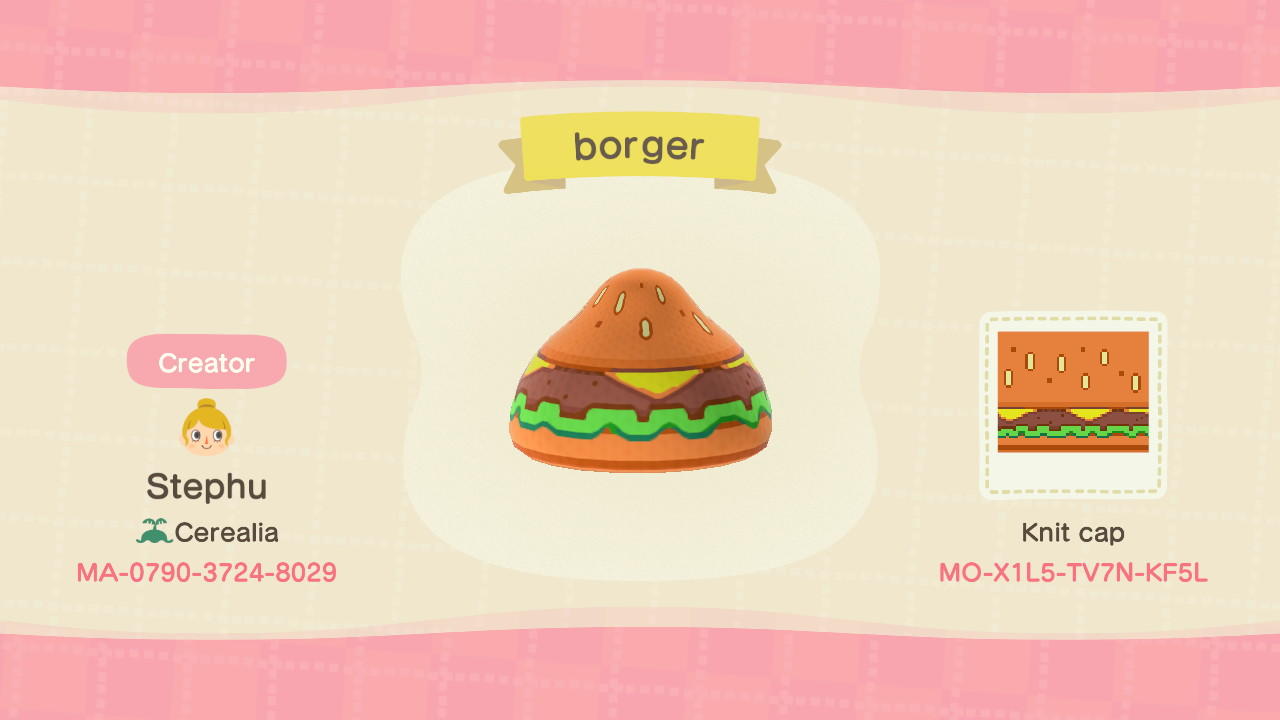 Animal Crossing Design Code: MO-X1L5-TV7N-KF5L Borger hat