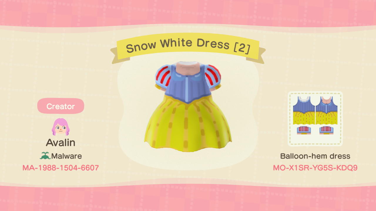 Animal Crossing Design Code: MO-X1SR-YG5S-KDQ9 Snow White Dress [2]