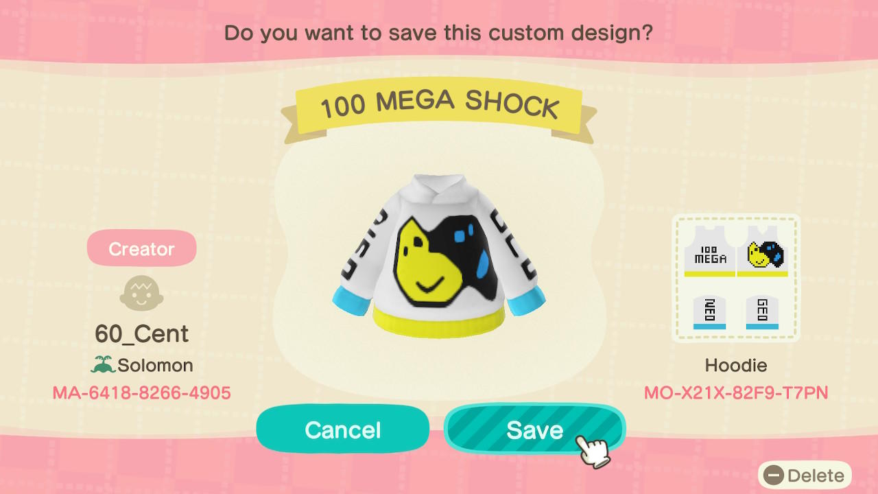 Animal Crossing Design Code: MO-X21X-82F9-T7PN 100 MEGA SHOCK