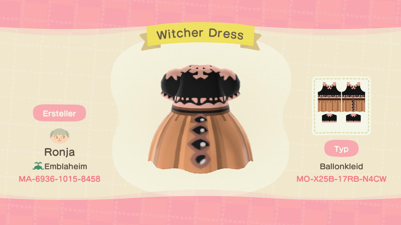 Animal Crossing Design Code: MO-X25B-17RB-N4CW Dusty Witch Dress