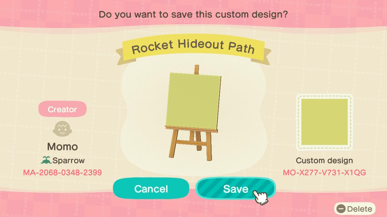 Animal Crossing Design Code: MO-X277-V731-X1QG Rocket Hideout Path