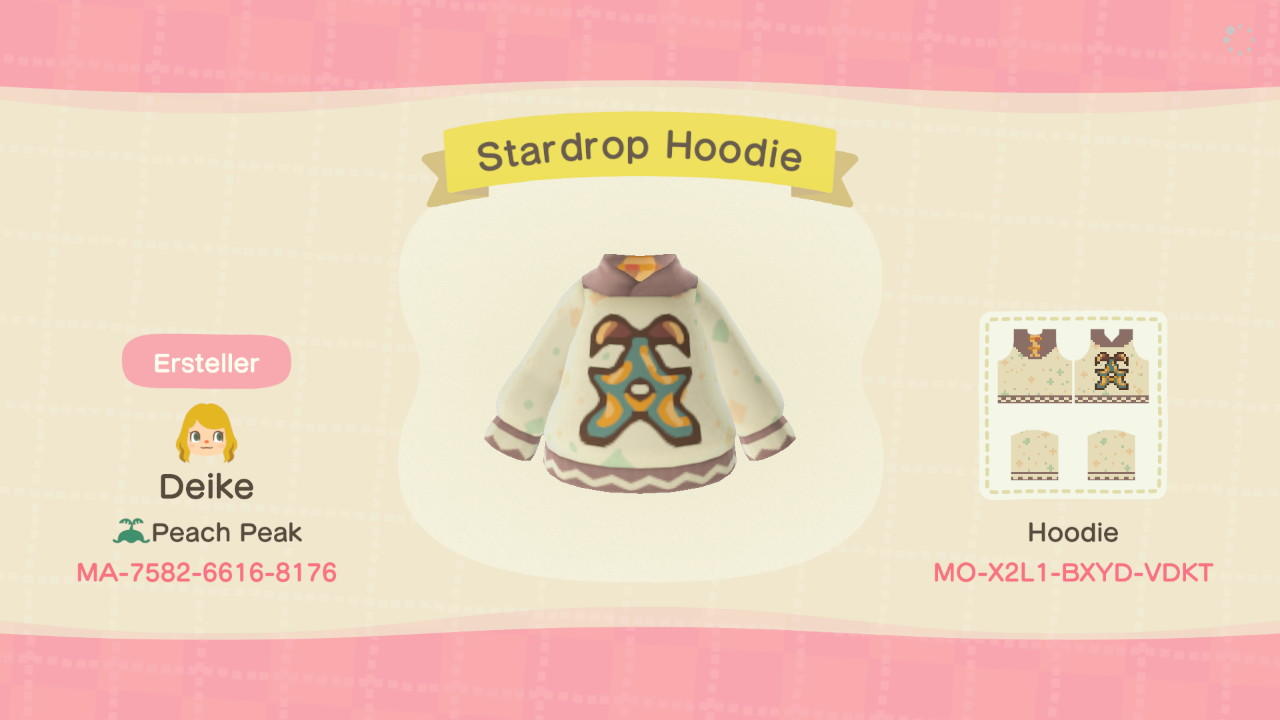 Animal Crossing Design Code: MO-X2L1-BXYD-VDKT Stardrop Hoodie