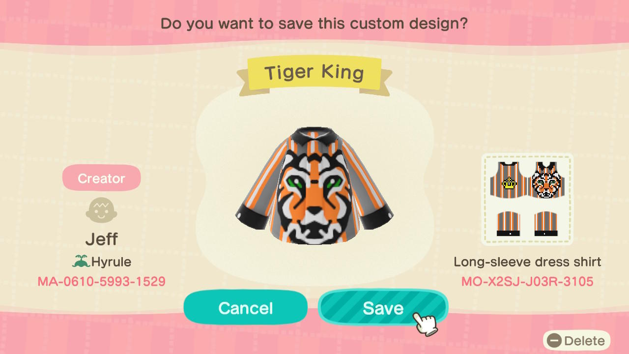 Animal Crossing Design Code: MO-X2SJ-J03R-3105 Tiger King