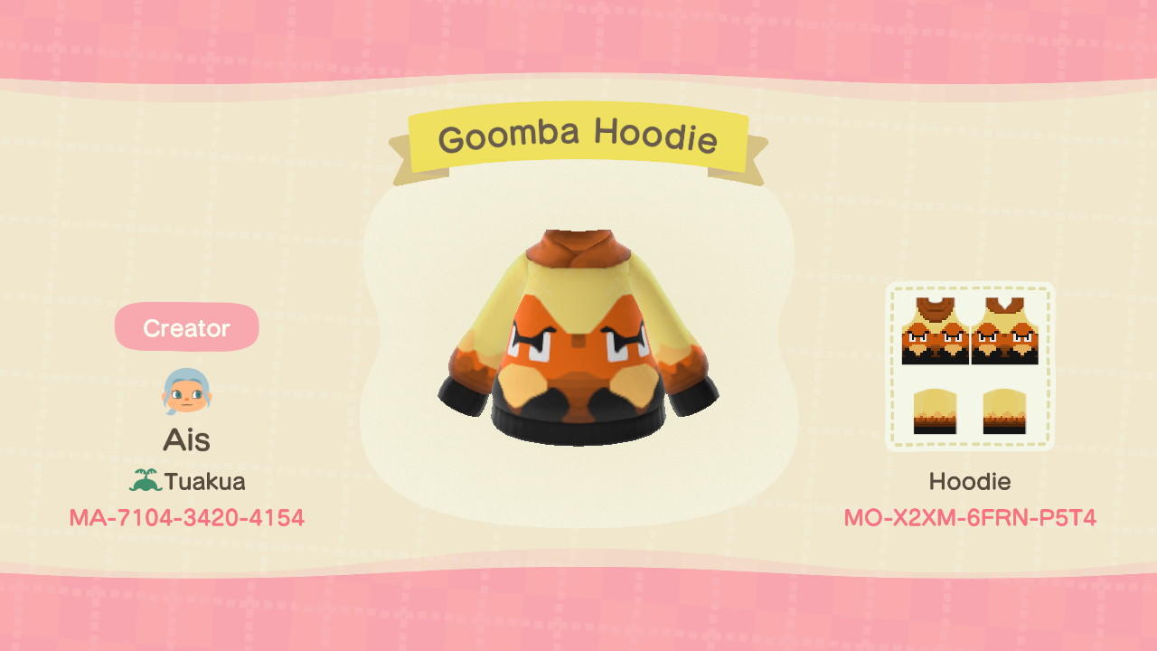 Animal Crossing Design Code: MO-X2XM-6FRN-PST4 Goomba Hoodie