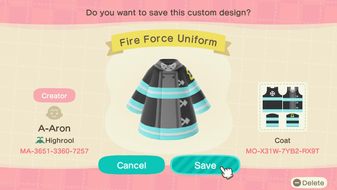 Animal Crossing Design Code: MO-X31W-Y7B2-RX9T Fire Force Uniform