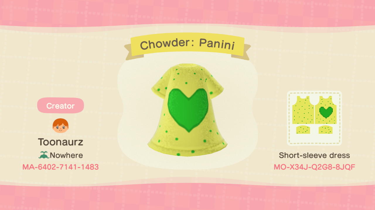 Animal Crossing Design Code: MO-X34J-Q2G8-8JQF Chowder: Panini