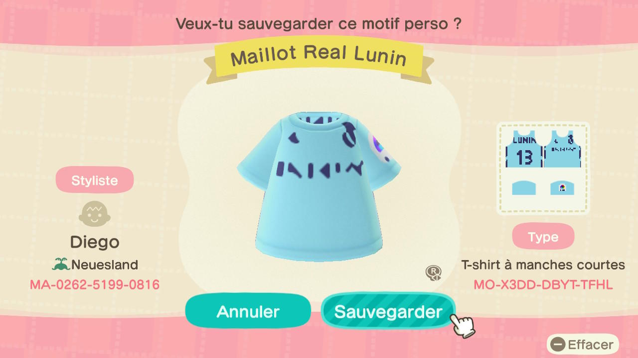 Animal Crossing Design Code: MO-X3DD-DBYT-TFHL Maillot Real Lunin