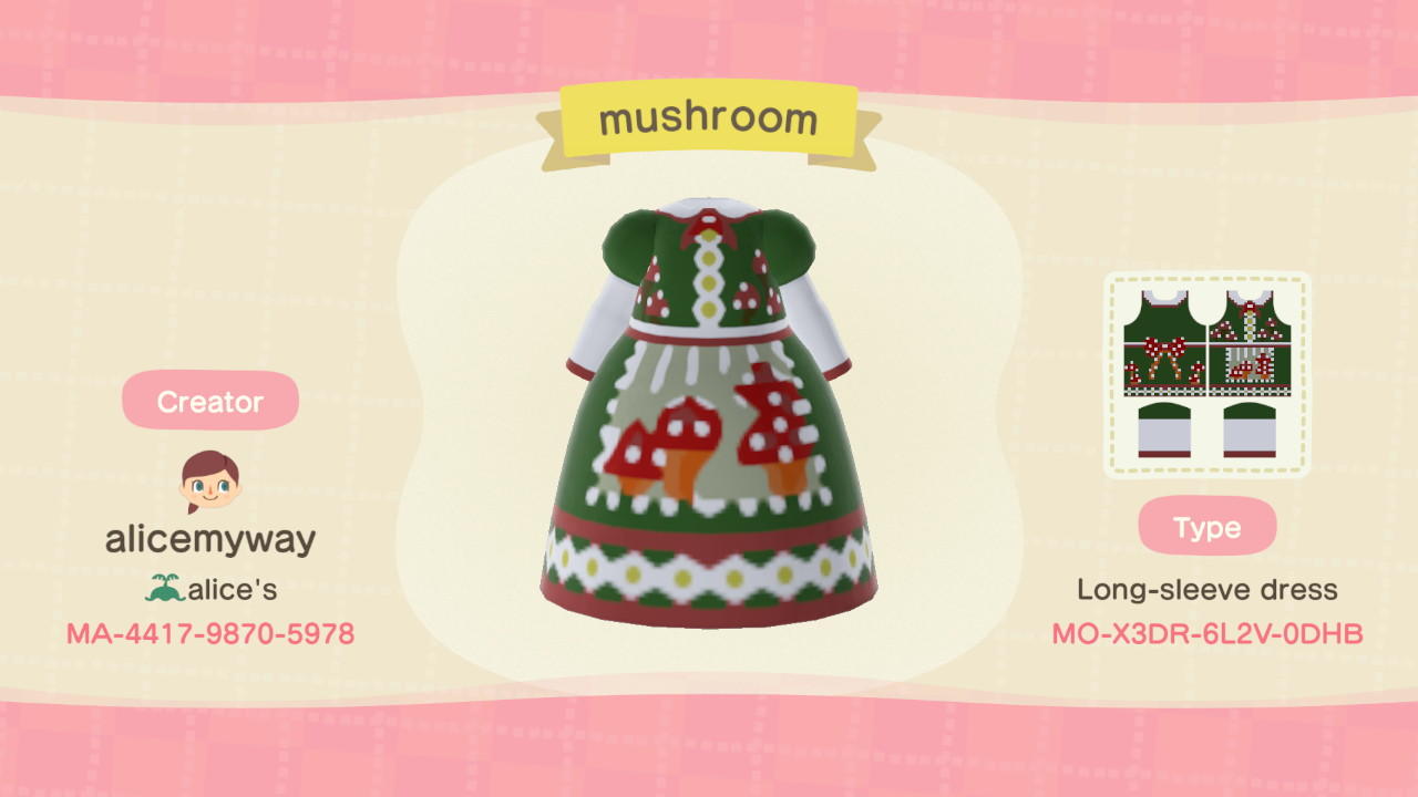 Animal Crossing Design Code: MO-X3DR-6L2V-0DHB Mushroom dress