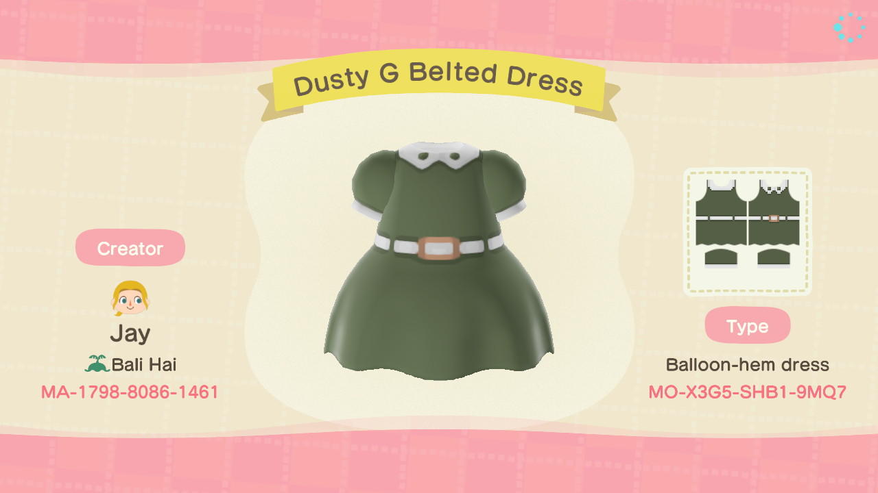 Animal Crossing Design Code: MO-X3G5-SHB1-9MQ7 Dusty G Belted Dress