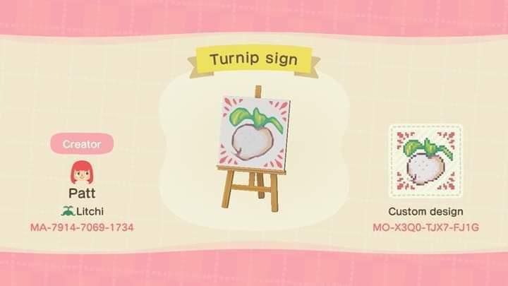 Animal Crossing Design Code: MO-X3Q0-TJX7-FJ1G Turnip sign