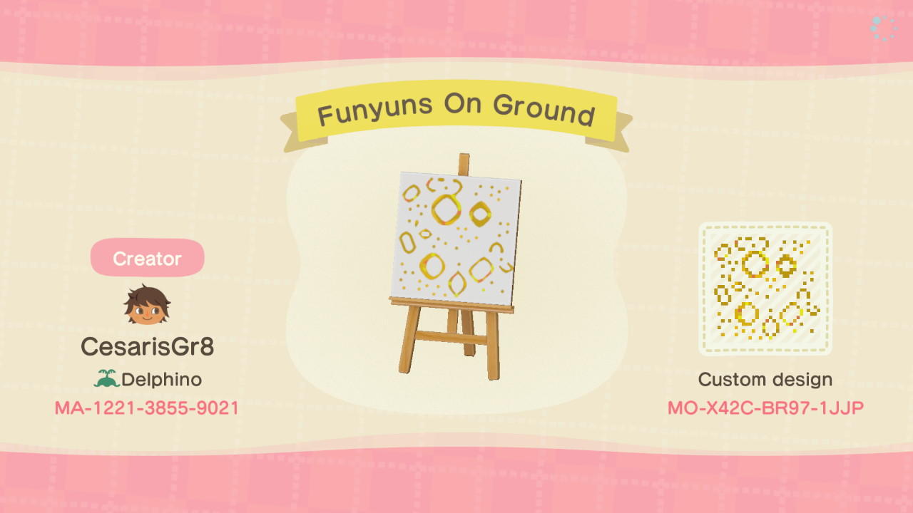 Animal Crossing Design Code: MO-X42C-BR97-1JJP Funyuns on Ground