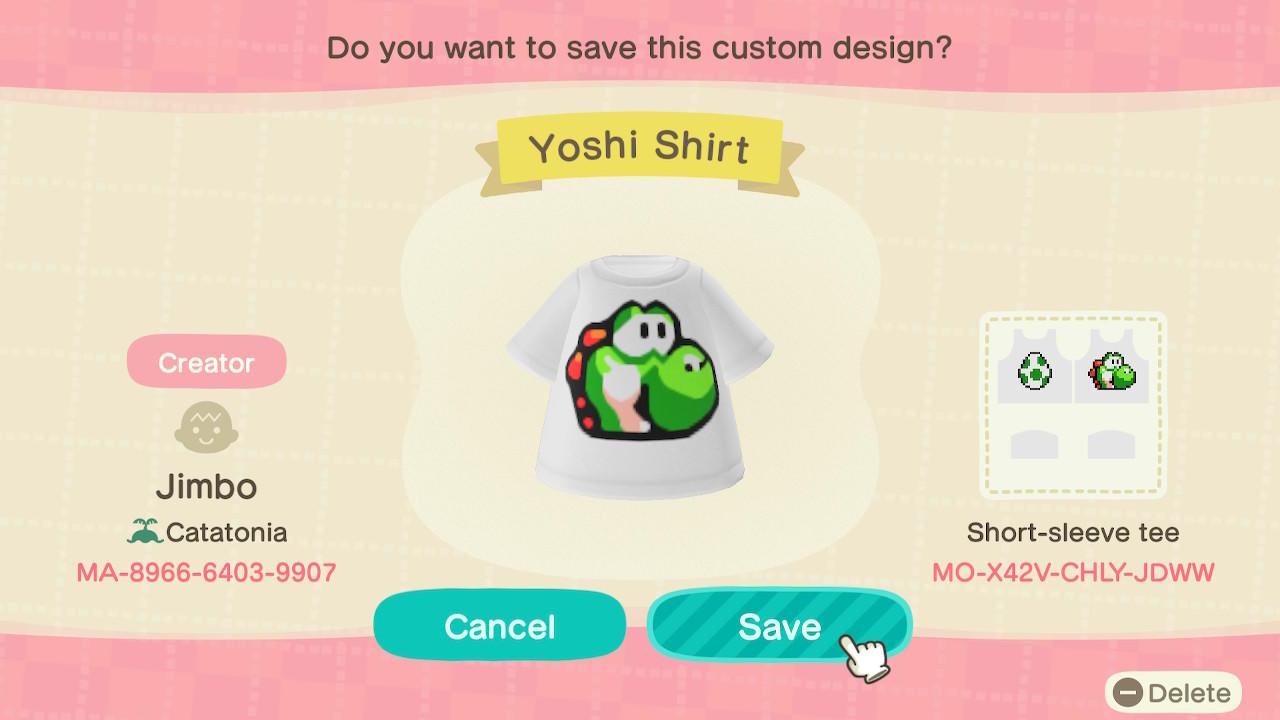 Animal Crossing Design Code: MO-X42V-CHLY-JDWW Yoshi Shirt