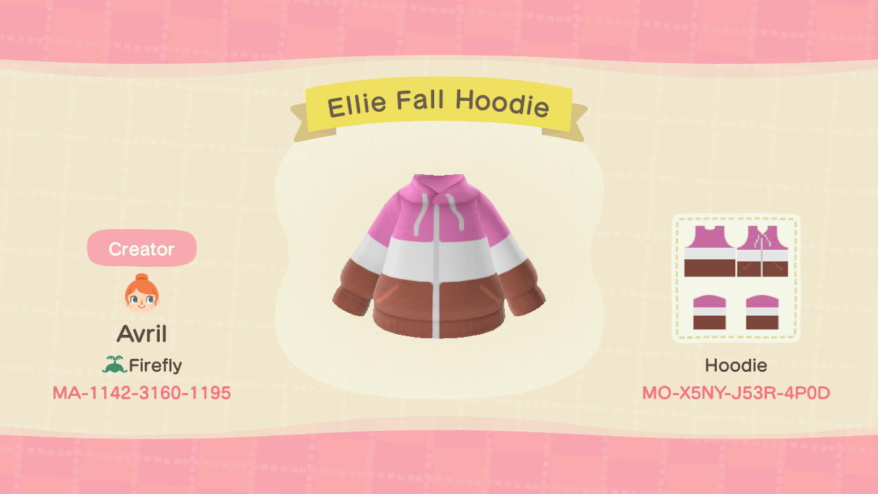 Animal Crossing Design Code: MO-X5NY-J53R-4P0D Ellie Fall Hoodie