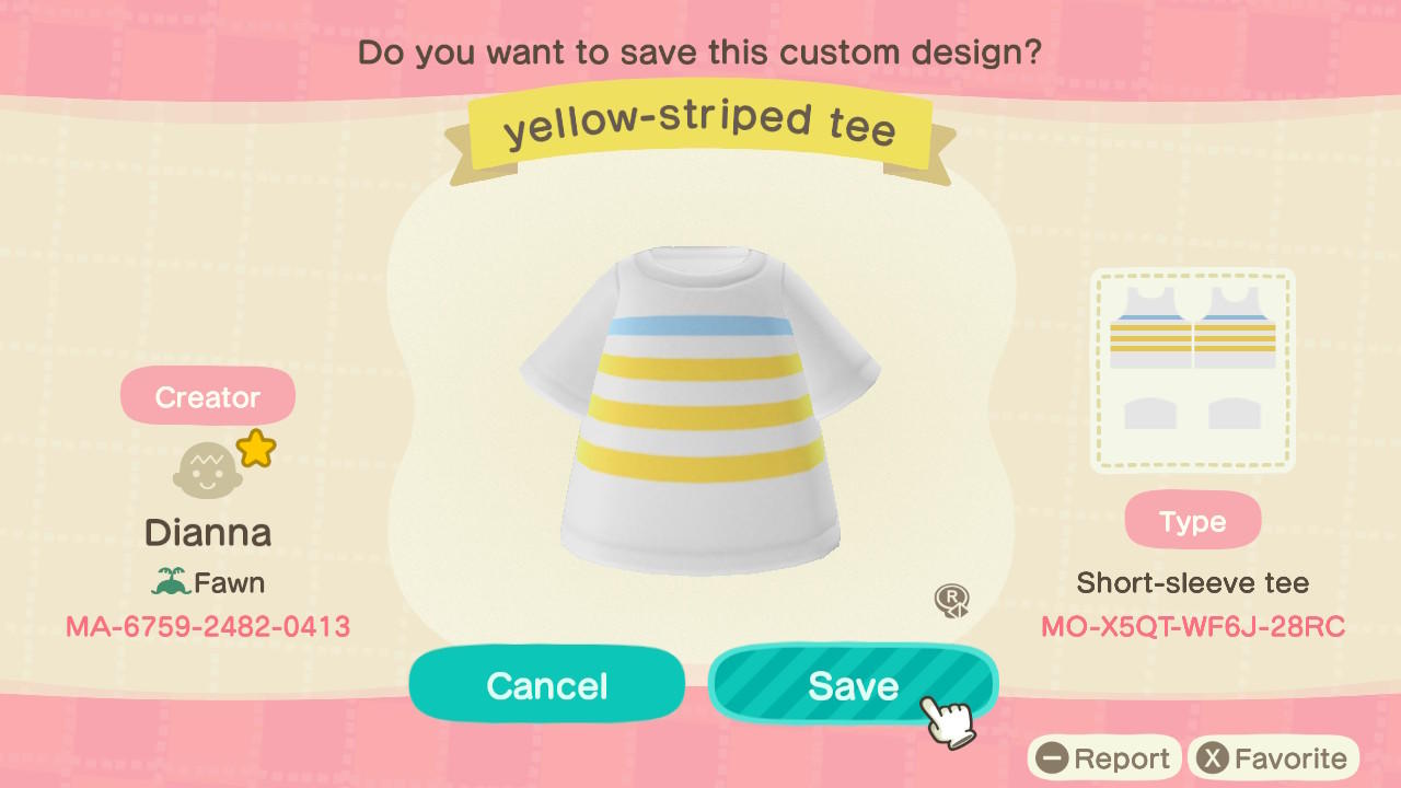 Animal Crossing Design Code: MO-X5QT-WF6J-28RC Yellow-Striped Tee