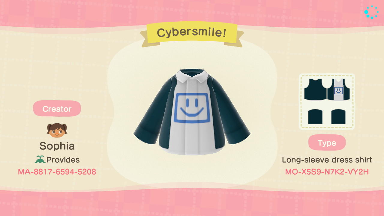 Animal Crossing Design Code: MO-X5S9-N7K2-VY2H Cybersmile!