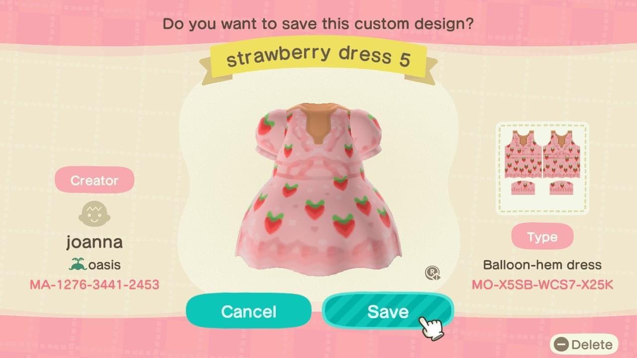 Animal Crossing Design Code: MO-X5SB-WCS7-X25K strawberry dress