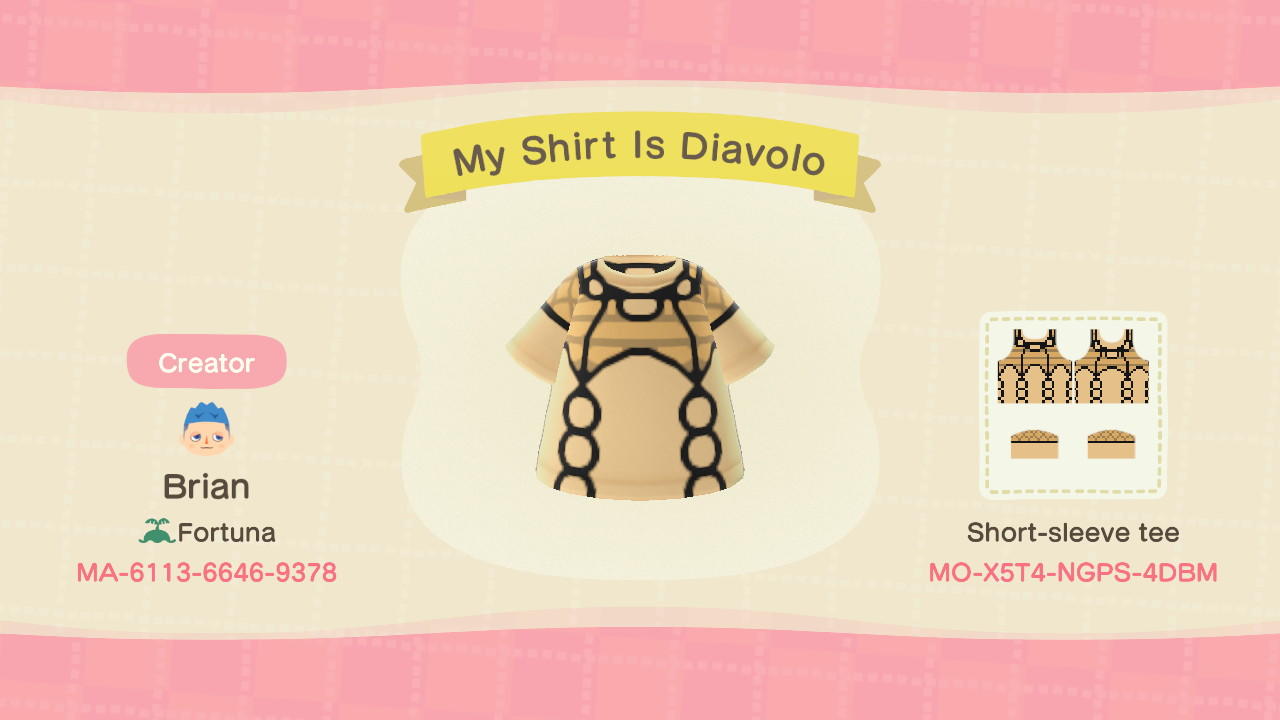 Animal Crossing Design Code: MO-X5T4-NGPS-4DBM My Shirt Is Diavolo