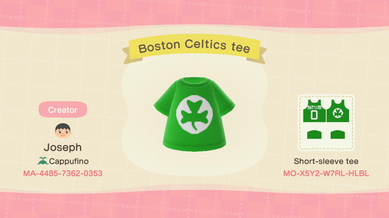 Animal Crossing Design Code: MO-X5Y2-W7RL-HLBL Celtics Tee