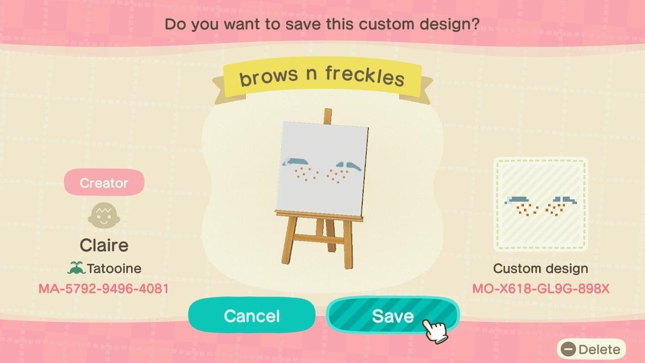 Animal Crossing Design Code: MO-X618-GL9G-898X brows n freckles