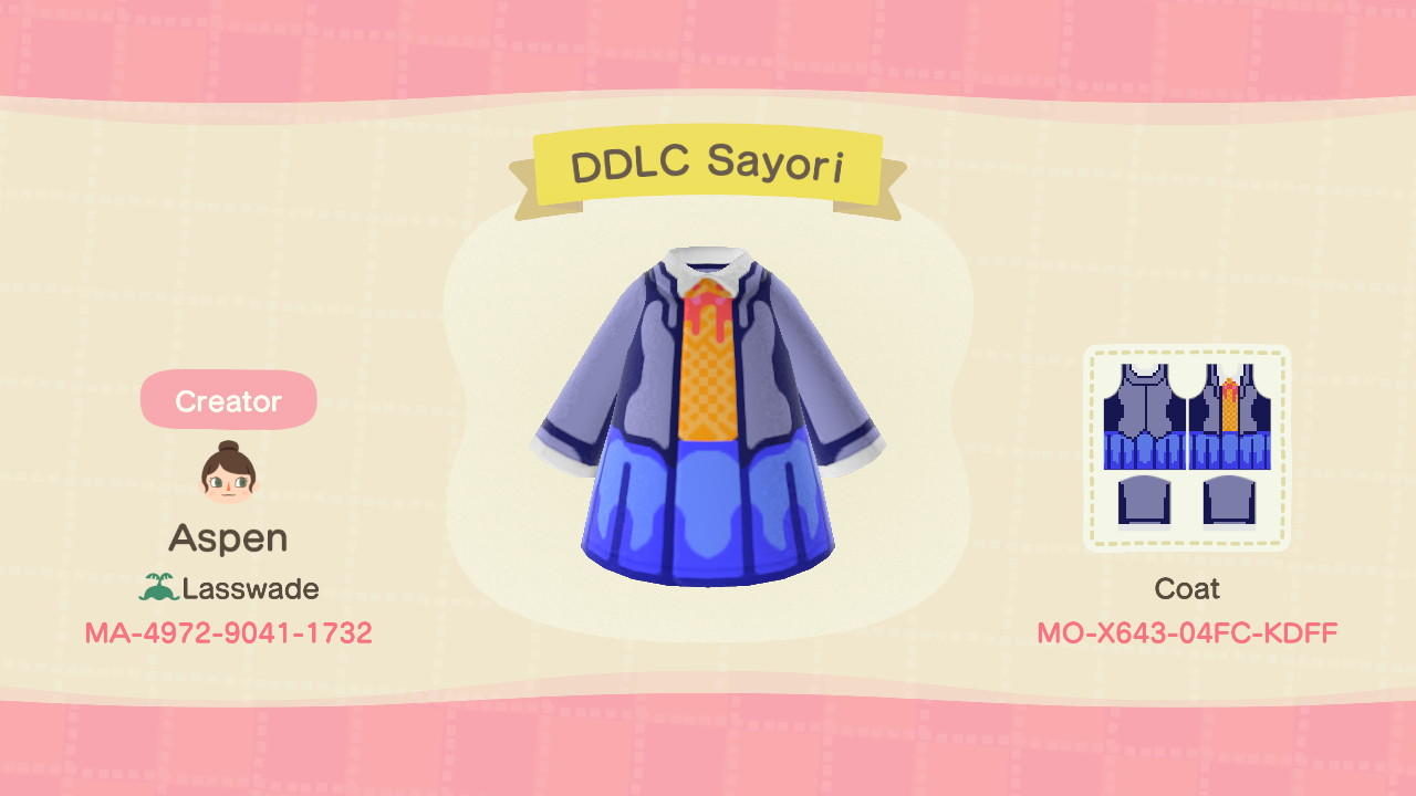 Animal Crossing Design Code: MO-X643-04FC-KDFF DDLC Sayori Uniform
