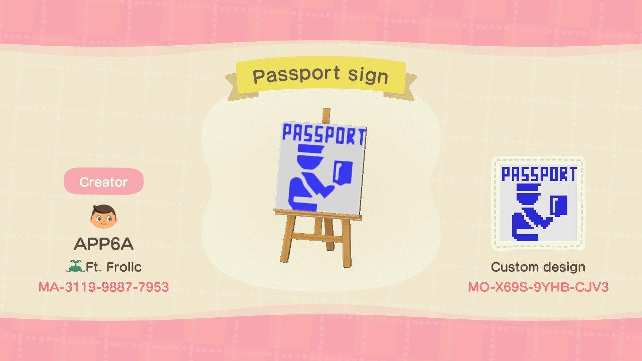 Animal Crossing Design Code: MO-X69S-9YHB-CJV3 Passport sign