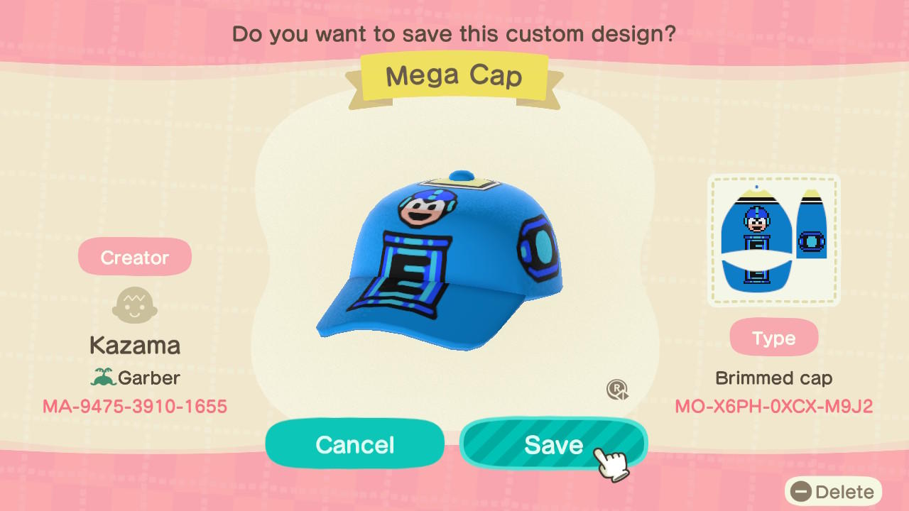 Animal Crossing Design Code: MO-X6PH-0XCX-M9J2 Mega Cap