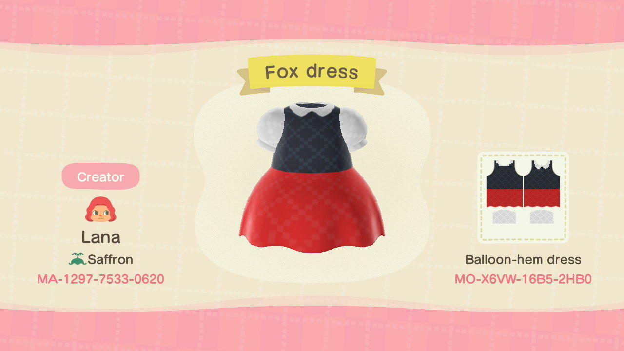 Animal Crossing Design Code: MO-X6VW-16B5-2HB0 Fox dress