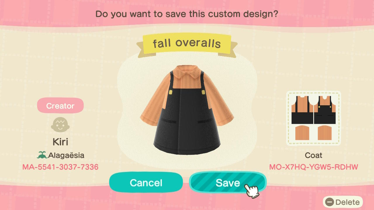 Animal Crossing Design Code: MO-X7HQ-YGW5-RDHW Fall Overalls